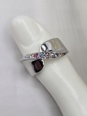 Swarovski Crystal Elements Silver Wrap Ring Mulitcolor Size 7.75 Prom Bridal